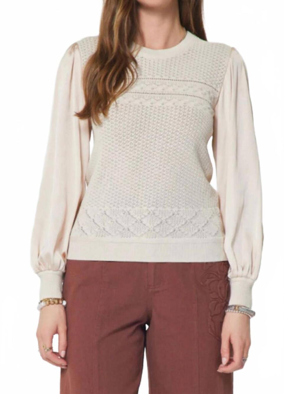 NEW CURRENT AIR pointelle knit mixed media top in cream